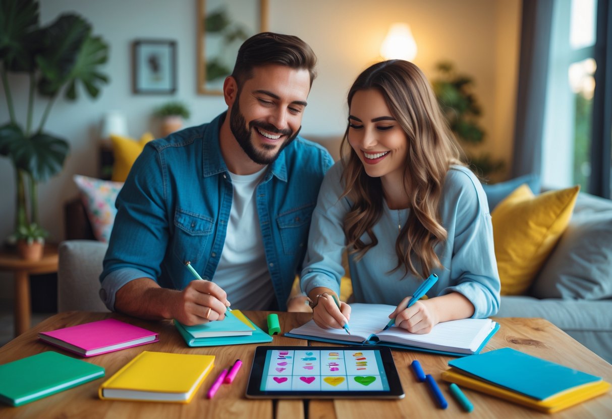 A happy couple sitting at a table, smiling and planning date ideas together in a cozy living room.