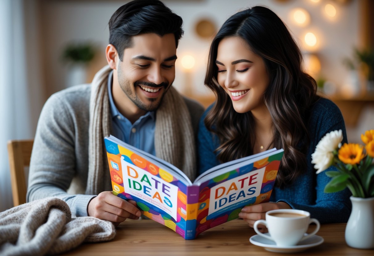 A couple sitting together at a table, smiling and looking at a date ideas book.
