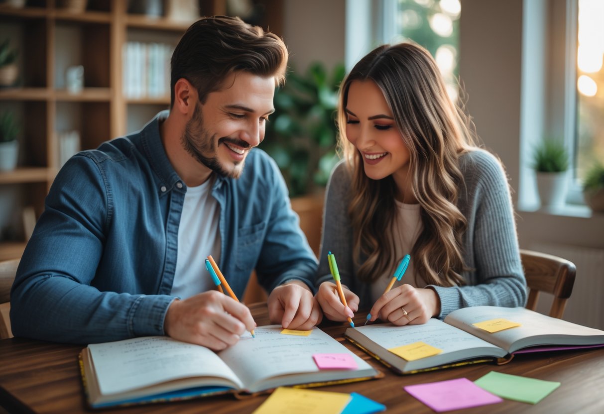 A couple sitting at a table together, writing and sharing ideas in a notebook.