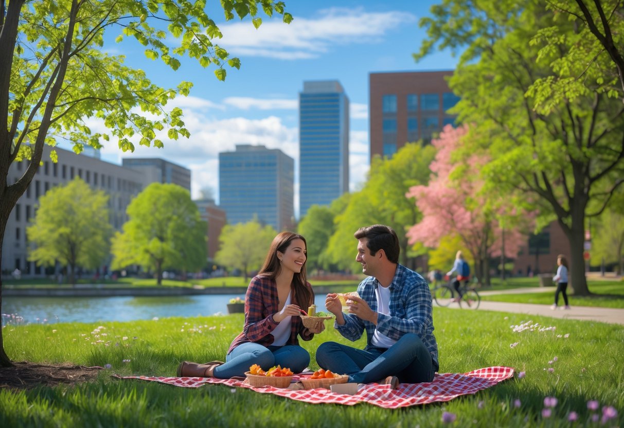 A young couple having a picnic on a blanket in a green park with trees, flowers, a lake, and buildings in the background on a sunny day.