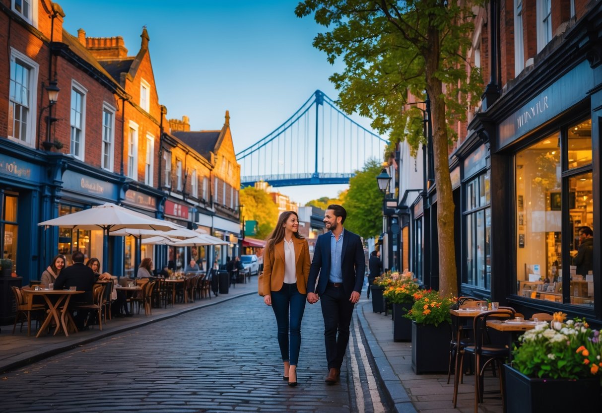 A young couple walking hand in hand along a cobblestone street in Bristol city centre with historic buildings, outdoor cafés, and the Clifton Suspension Bridge in the background.