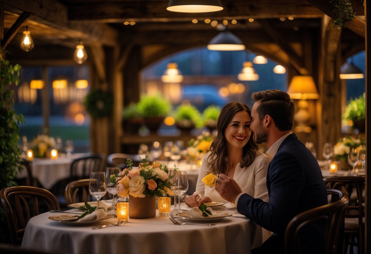 A couple enjoying a romantic dinner at a warmly lit restaurant with elegant table settings and cozy decor.