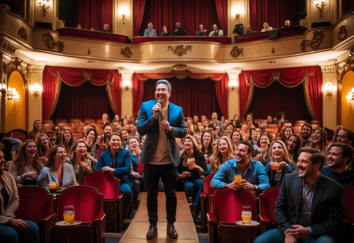A comedian performing on stage in a warmly lit theater with an audience laughing and enjoying the show.