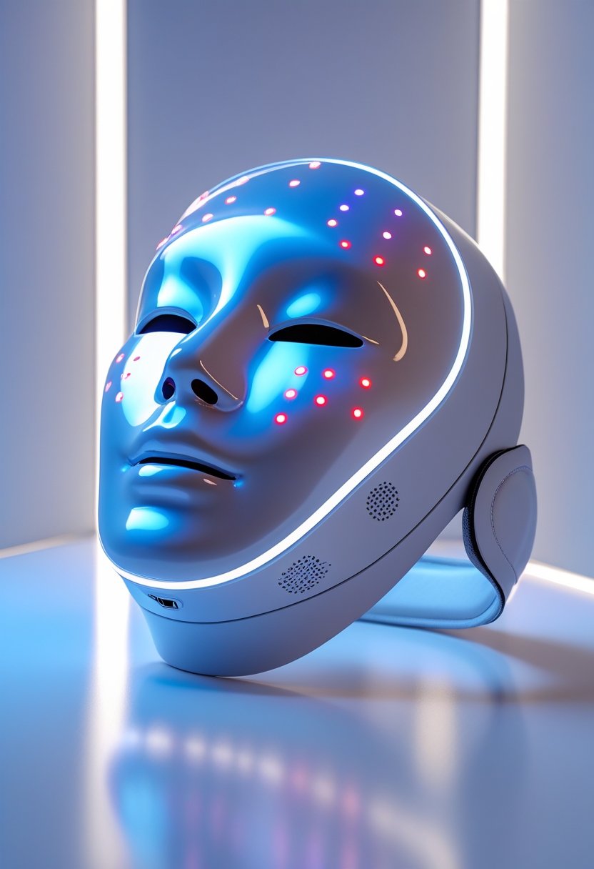 Un masque facial LED moderne posé sur un fond blanc.