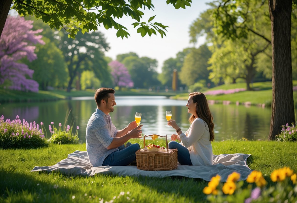 A couple having a picnic on a blanket near a lagoon surrounded by trees and blooming flowers.