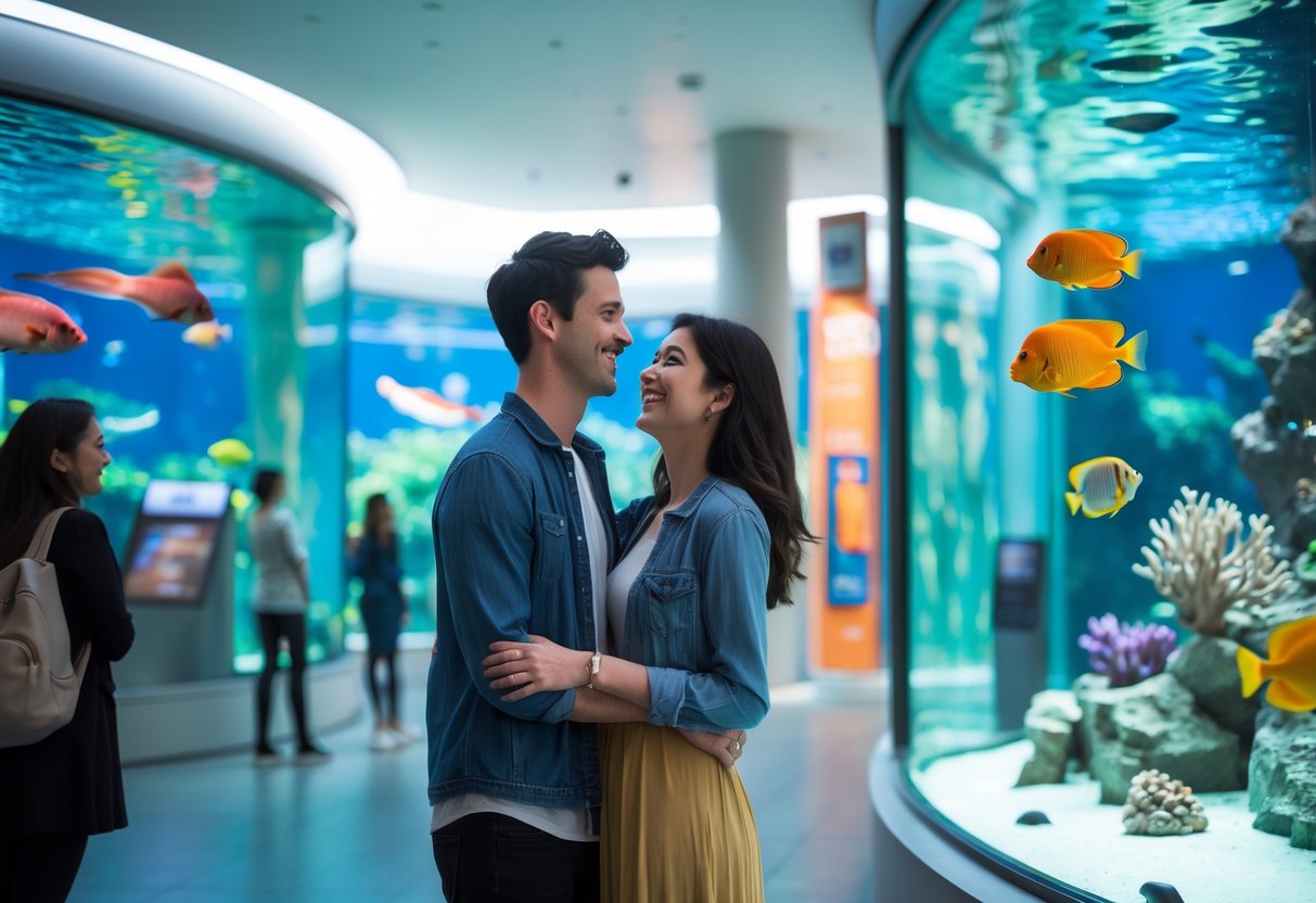 A young couple smiling and looking at colorful fish inside a large aquarium tank at Bristol Aquarium.