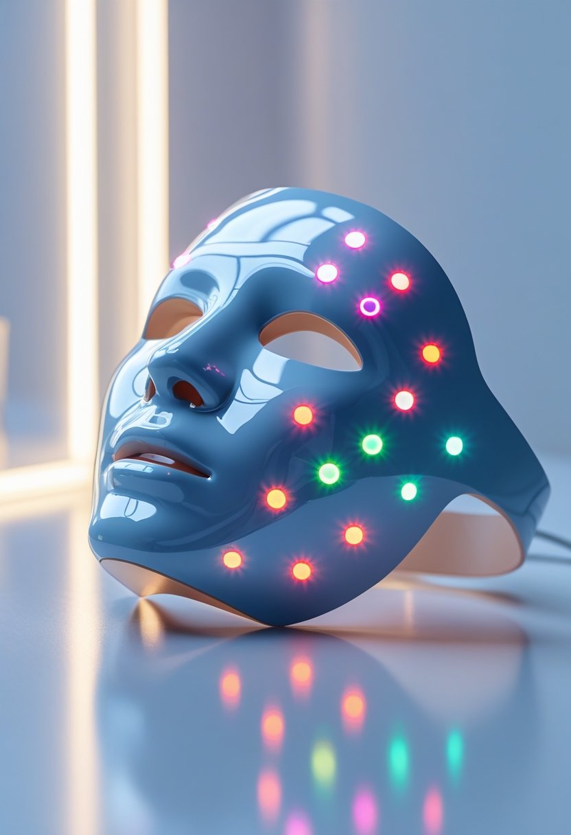 Masque LED moderne pour soins du visage posé sur une surface blanche avec des lumières colorées allumées.