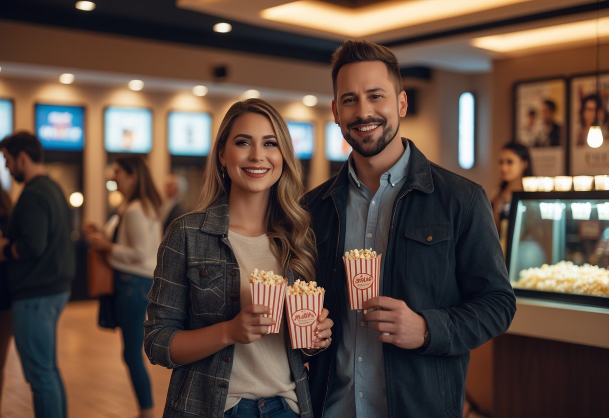 A couple smiling and holding movie tickets in a movie theater lobby with other people around.