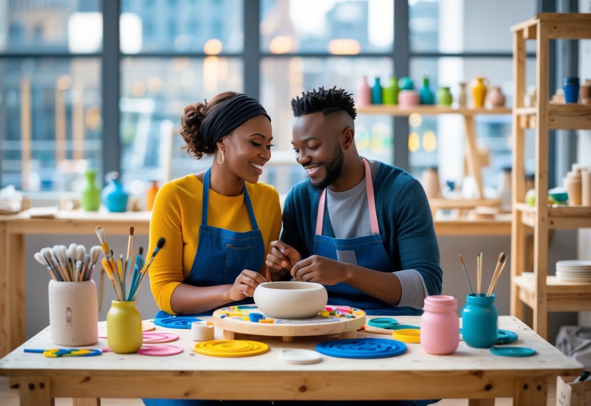 A couple working together on a craft project at a bright workshop table with art supplies, with city buildings visible through large windows.