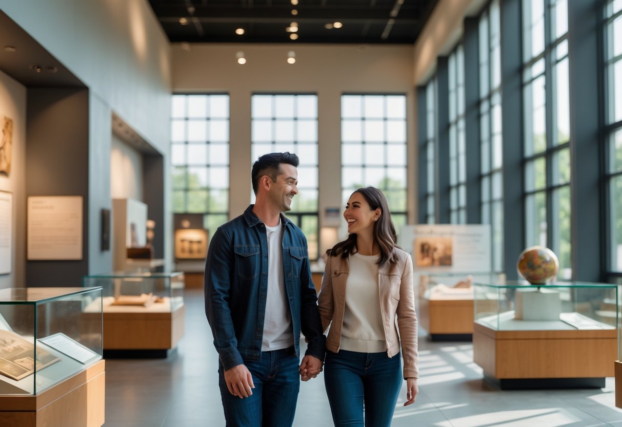 A couple looking at exhibits inside the McLean County Museum of History.