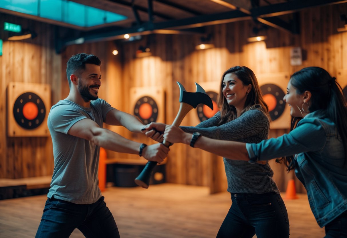 A couple enjoying axe throwing together at an indoor venue with wooden targets and warm lighting.