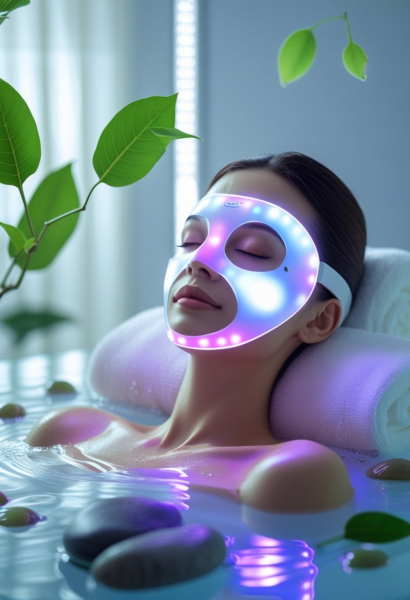 Une femme porte un masque LED sur le visage dans un environnement de spa lumineux, entourée d'éléments naturels symbolisant le soin de la peau.