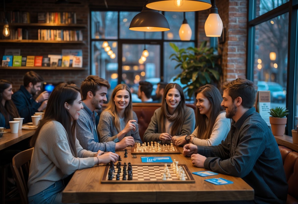 A group of young adults playing board games together at a wooden table inside a cozy café.