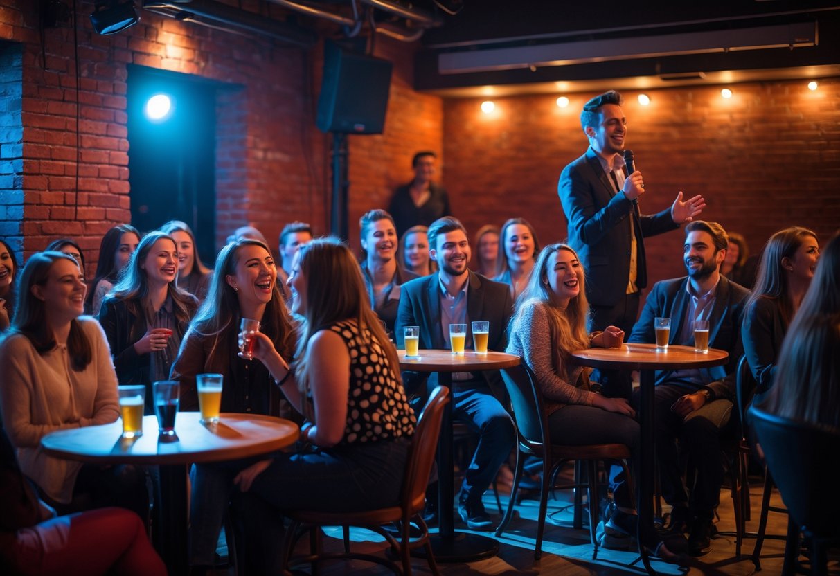 People laughing and enjoying a comedy show at a small club with a comedian performing on stage.