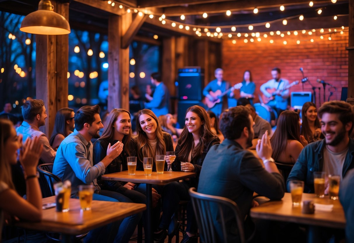 Couples and friends enjoying live music at a cozy venue with a band performing on stage.