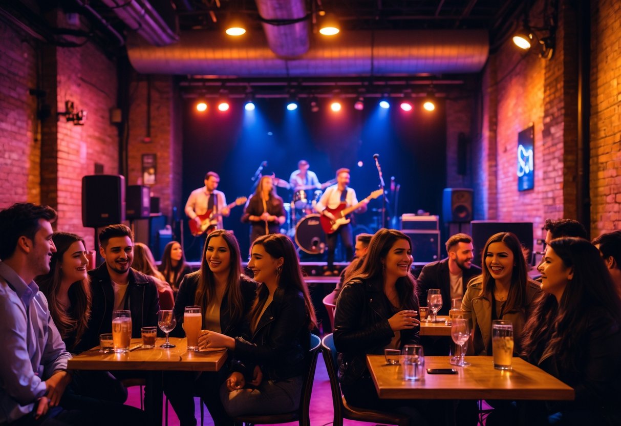 People enjoying live music at a lively venue with a band performing on stage in a city centre setting.