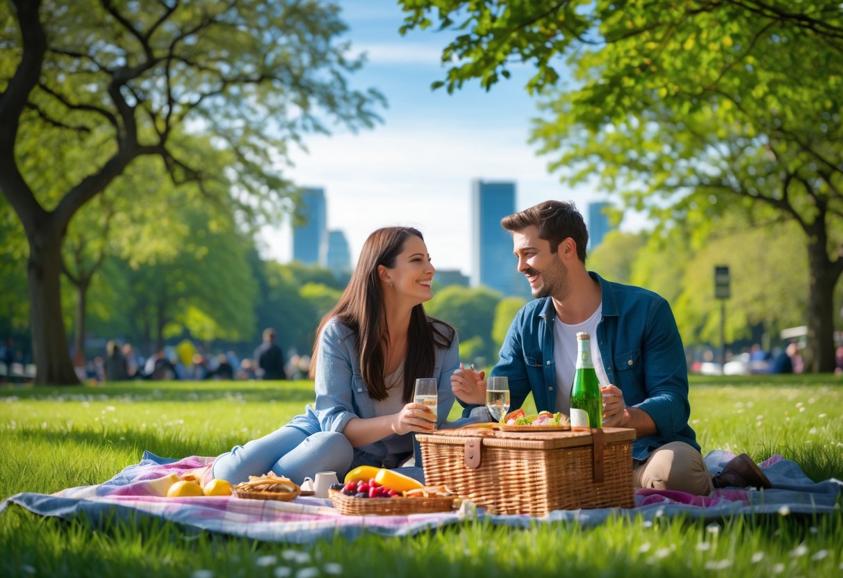 A couple enjoying a picnic on a blanket in a green park with trees and the Bristol city skyline in the background.