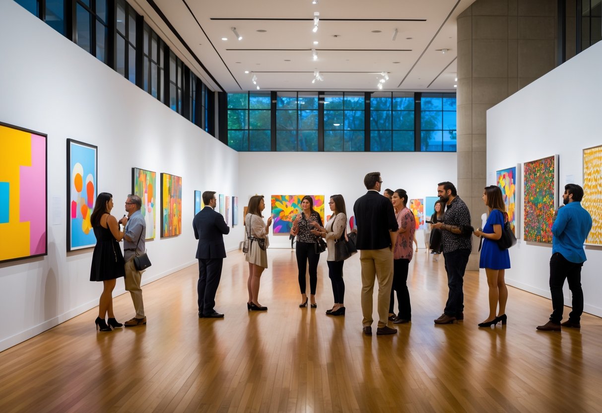 People viewing colorful artworks inside a modern art gallery with wooden floors and bright lighting.
