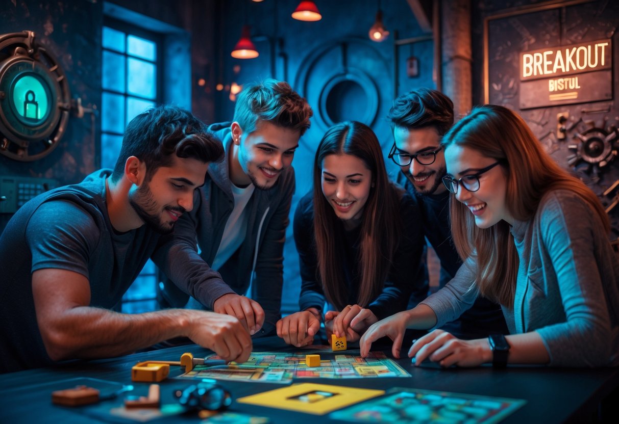 Four friends working together to solve puzzles inside an escape room with thematic props and dim lighting.