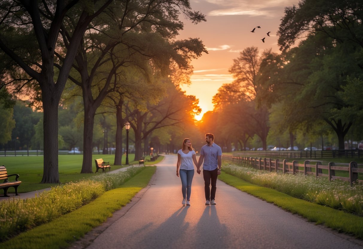 A young couple walking hand-in-hand on a paved trail surrounded by trees and wildflowers during sunset.