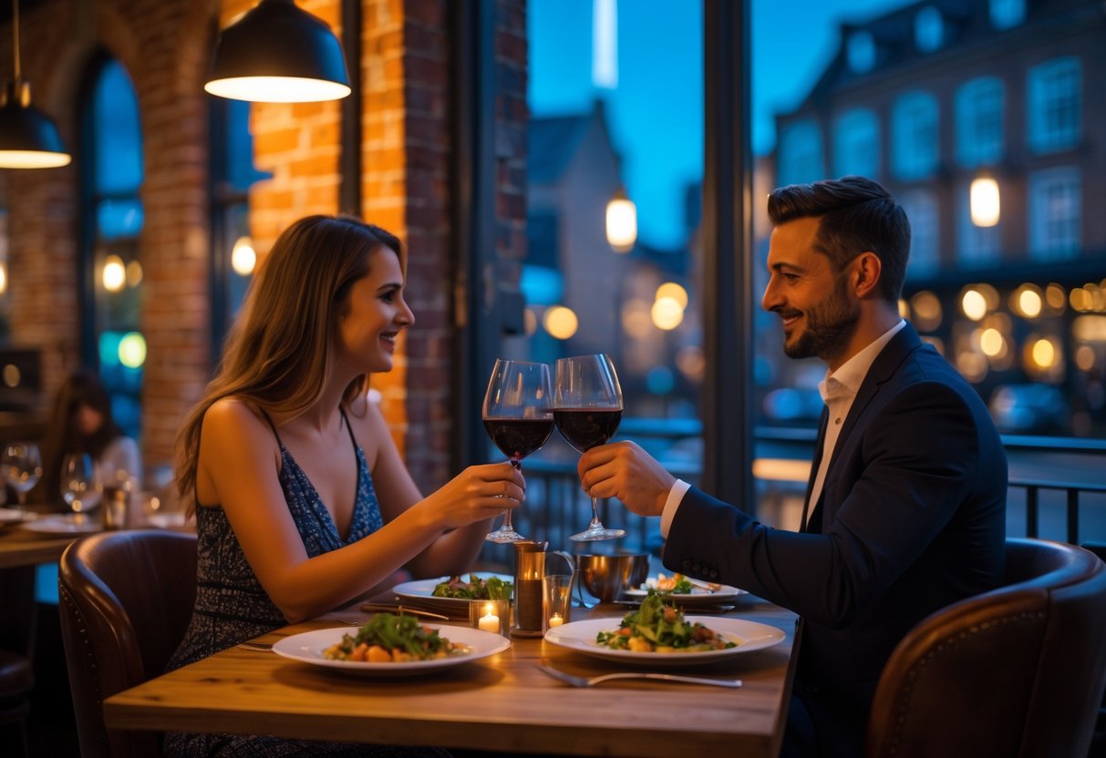 A couple enjoying a romantic dinner at a stylish restaurant with warm lighting and city views through large windows.