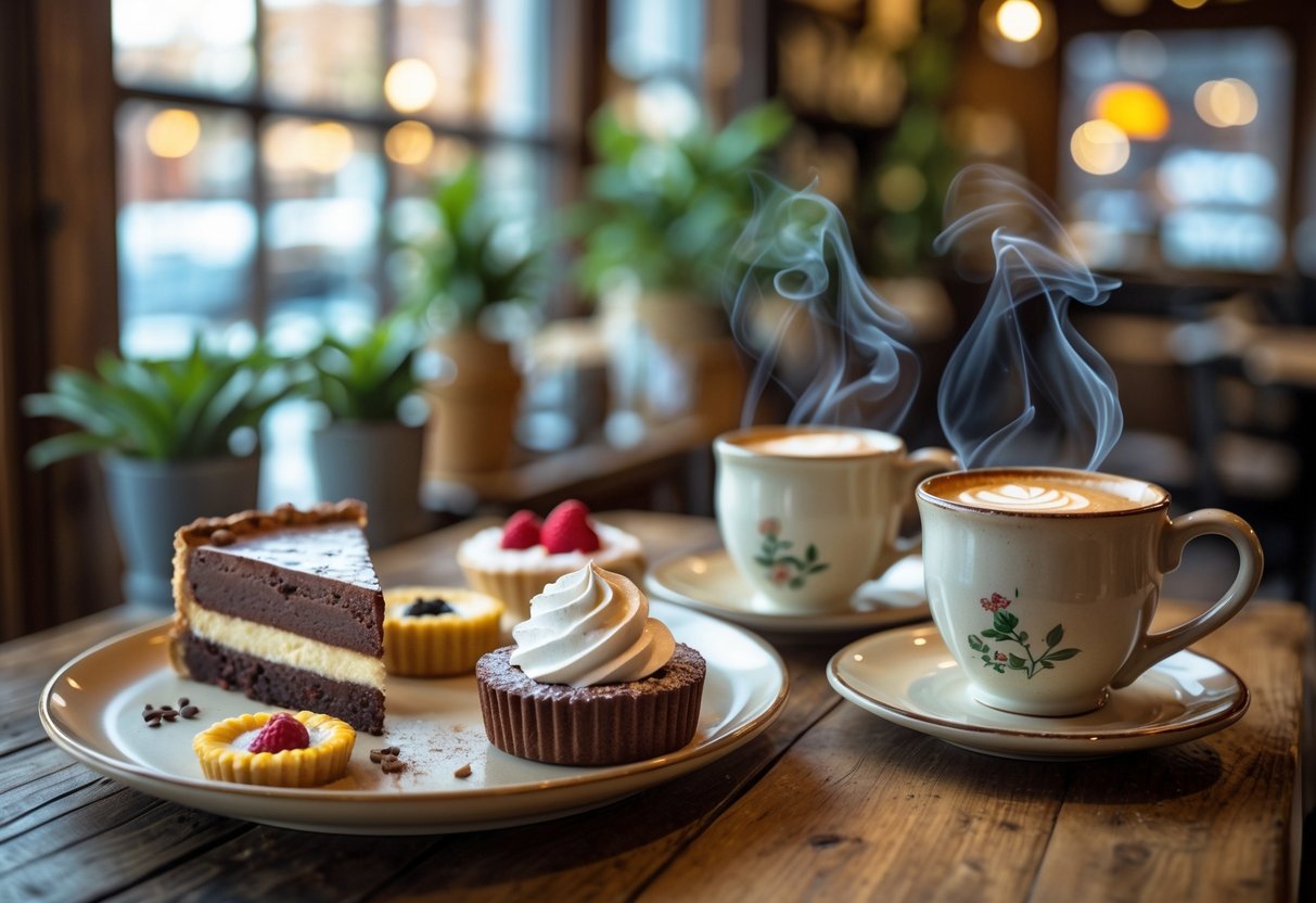 A wooden table with coffee cups and assorted desserts in a cozy café setting.