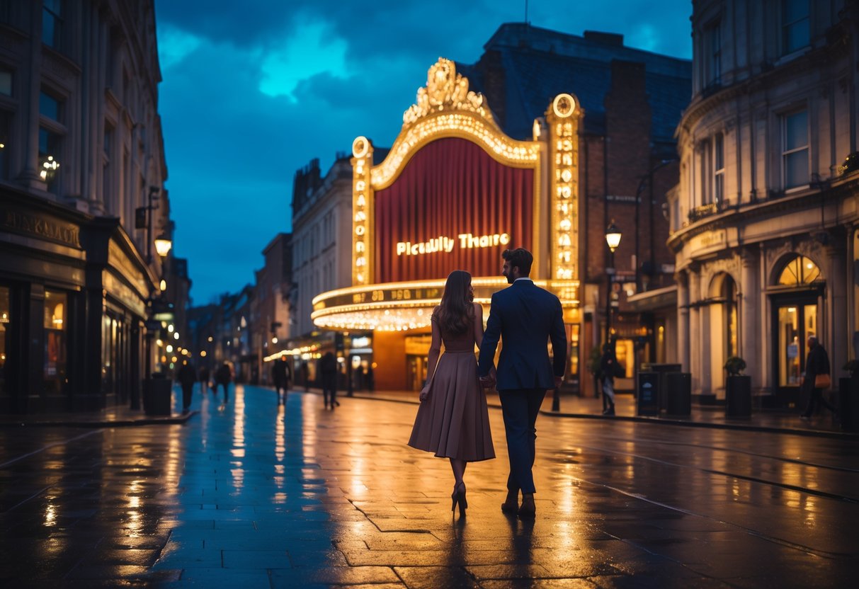 A couple walking hand-in-hand near the illuminated Piccadilly Theatre in Bristol city centre during the evening.