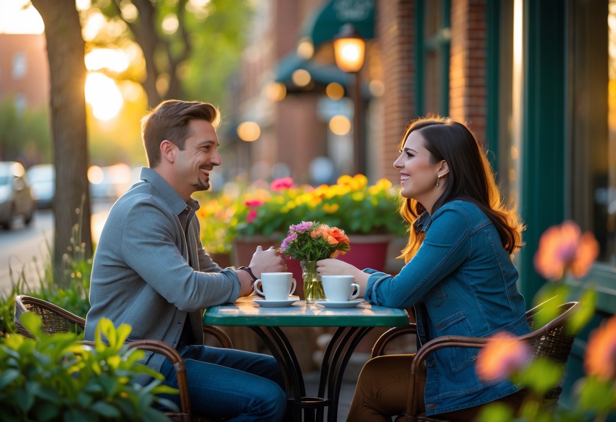 A young couple sitting at an outdoor café table, smiling and talking, with trees and buildings in the background.