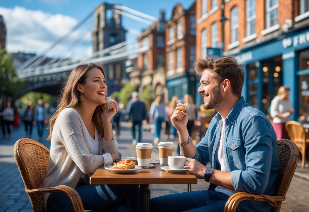 A young couple enjoying coffee together at an outdoor café in Bristol city centre with city streets and historic buildings in the background.