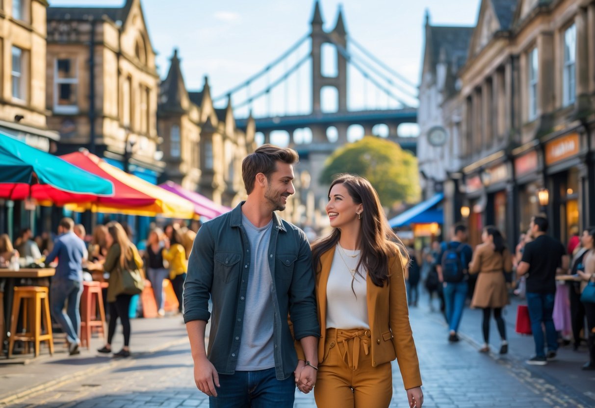 A young couple walking hand-in-hand through a busy street in Bristol city centre with shops, cafes, and people around them.