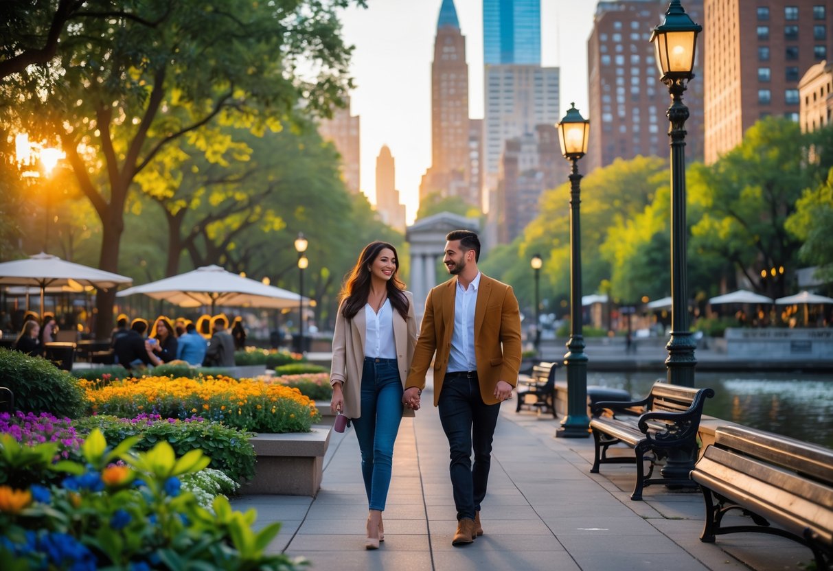 A couple walking hand-in-hand near Columbus Circle surrounded by trees, flowers, and city buildings in the background.