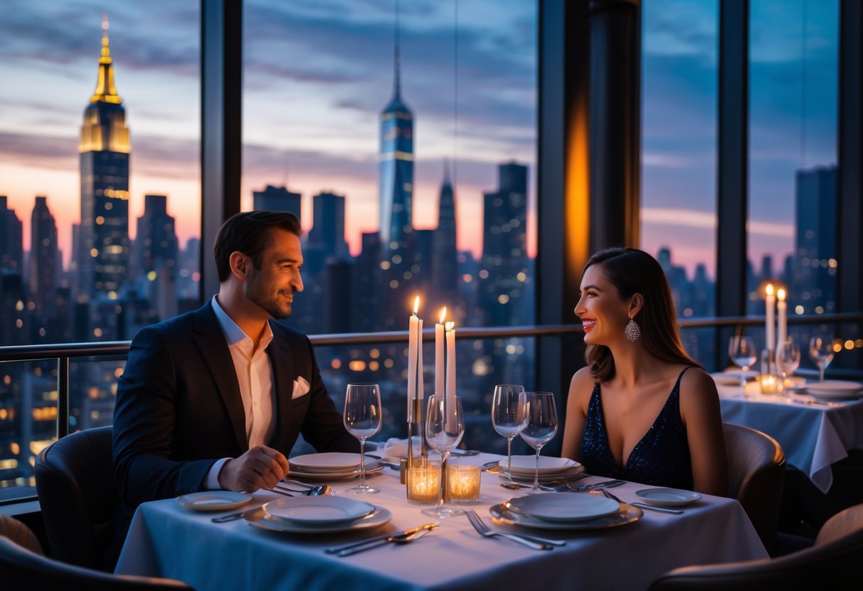 A couple enjoying an elegant dinner at a restaurant with a city skyline view through large windows at dusk.