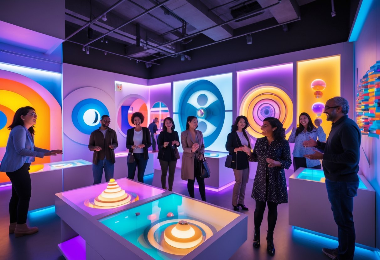 Couples and groups enjoying interactive optical illusion exhibits in a bright museum game room.