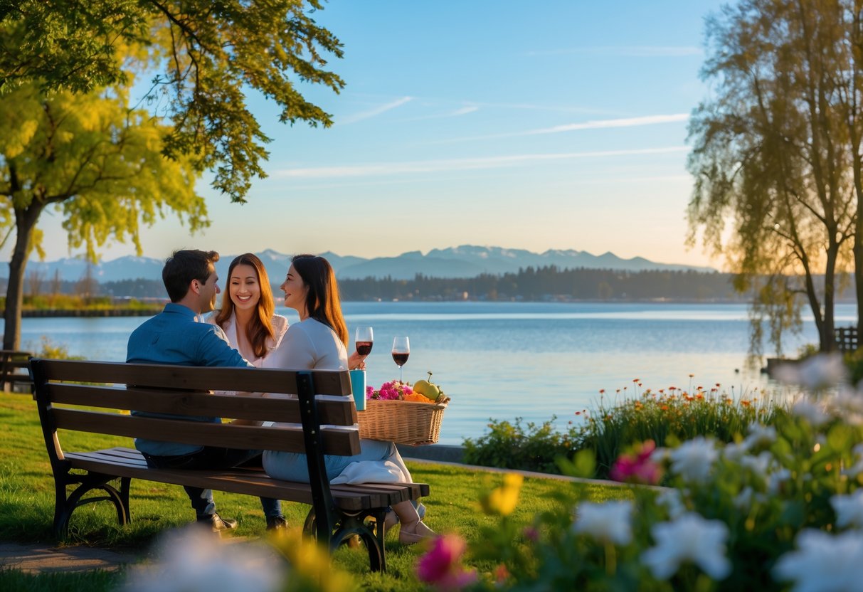 A young couple enjoying a picnic on a bench by the waterfront with mountains and trees in the background.