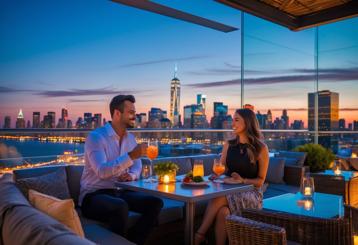 A couple enjoying drinks at a rooftop lounge with a view of the city skyline at dusk.