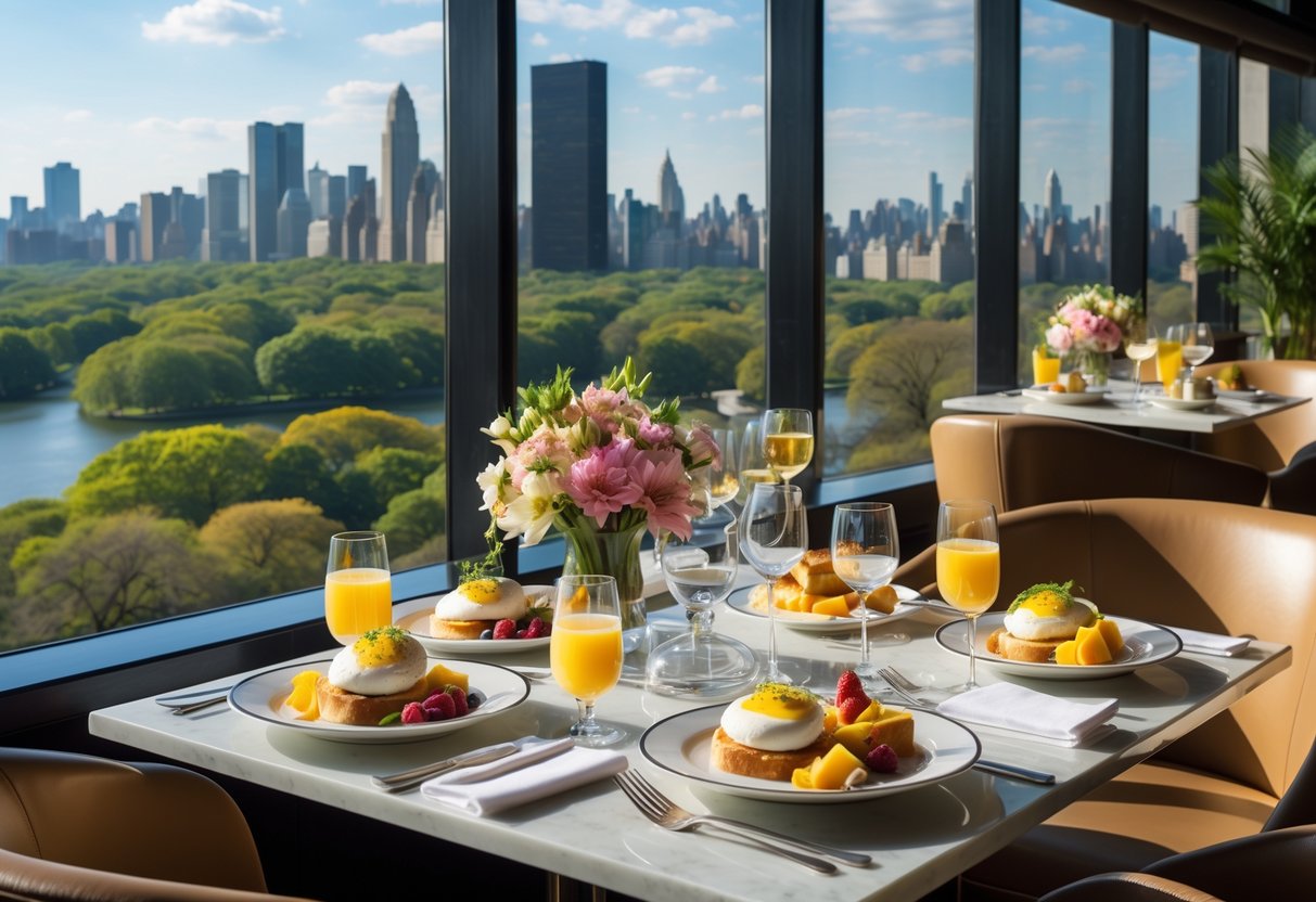 A beautifully set brunch table inside a restaurant with large windows overlooking Central Park and the New York City skyline.