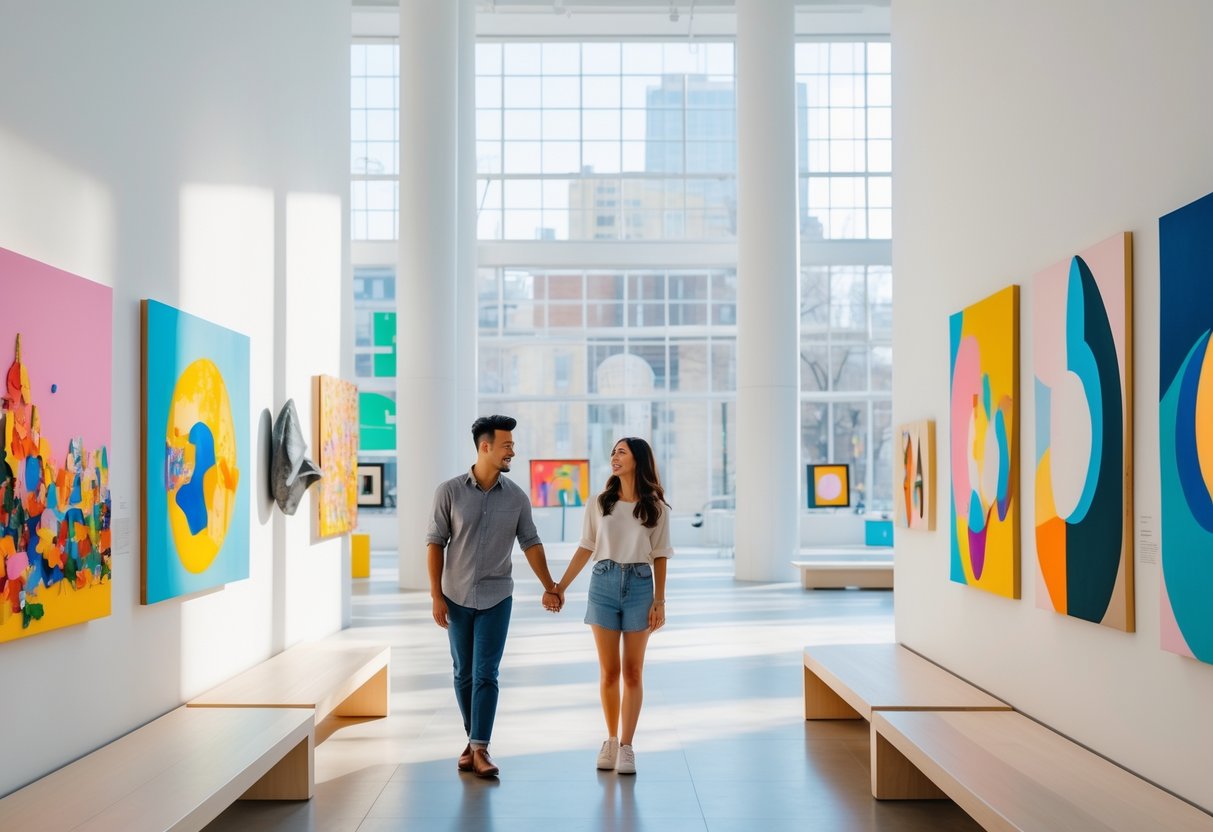 A young couple exploring contemporary art exhibits inside a bright, modern museum with large windows and colorful artwork.