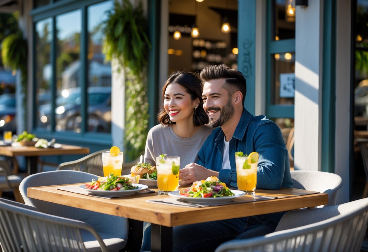 A couple enjoying lunch together at an outdoor cafe table with food and drinks.