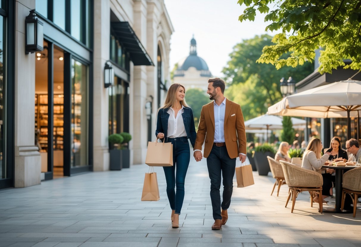 A couple enjoying shopping and dessert together at an upscale outdoor shopping center near Columbus Circle.