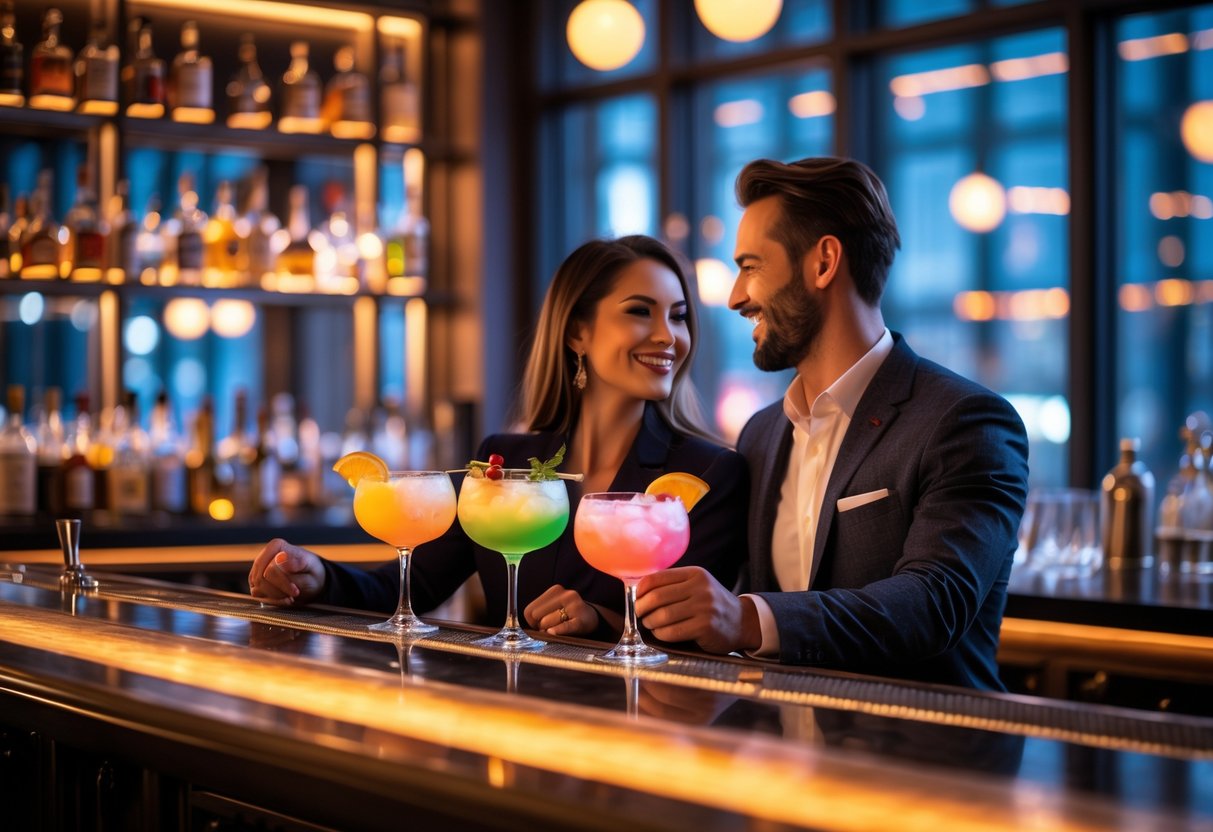 A couple enjoying cocktails together at a stylish bar with warm lighting and city views.