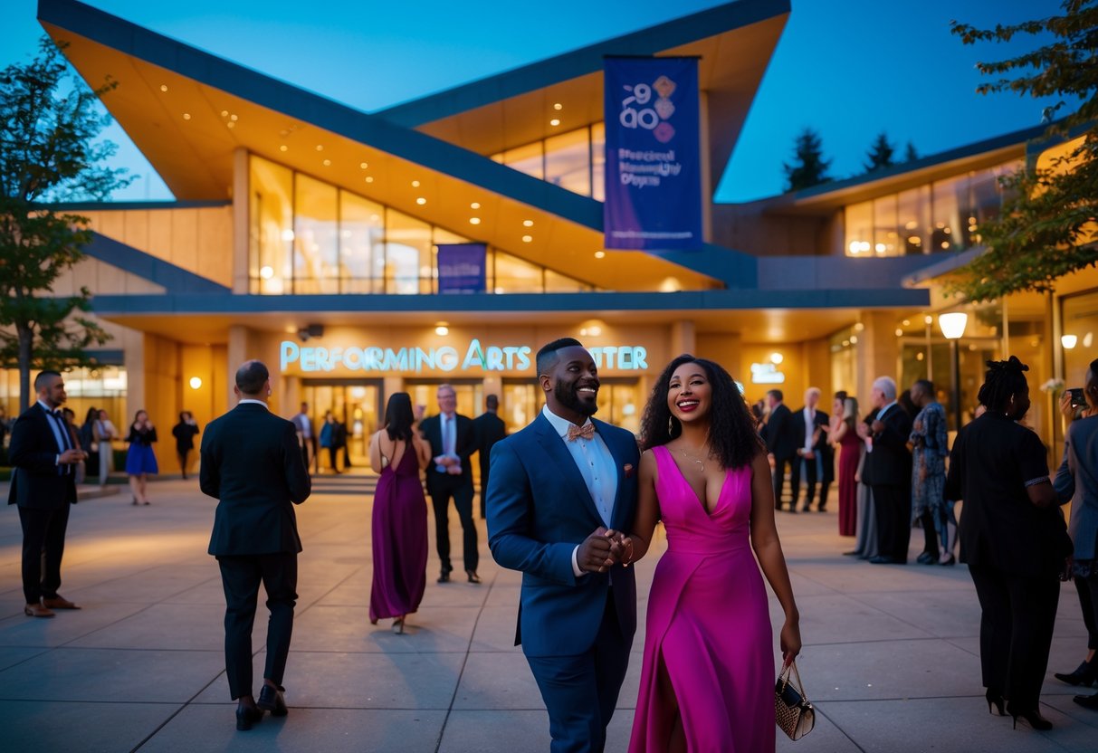 A couple walking hand in hand toward the entrance of a brightly lit Performing Arts Center at night, surrounded by other people dressed for an evening event.
