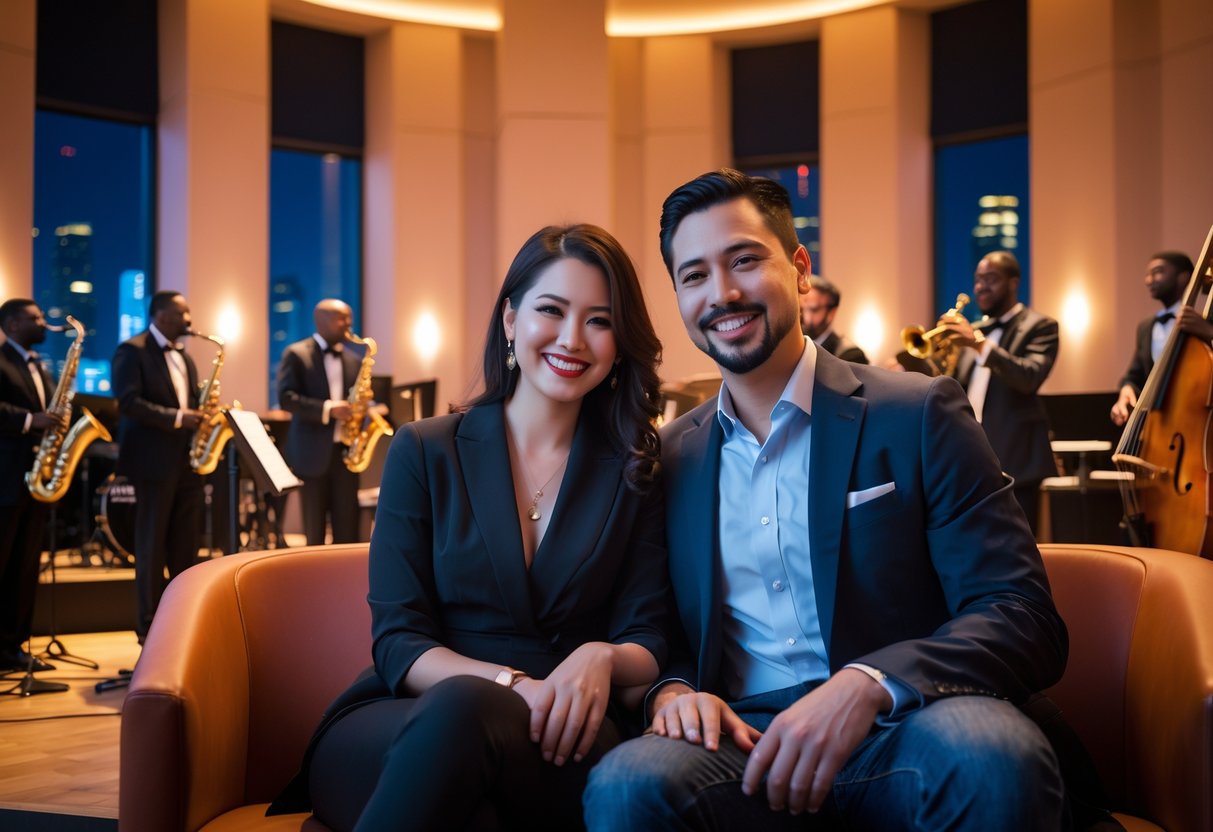 A couple enjoying a live jazz performance inside a concert hall with musicians playing on stage.