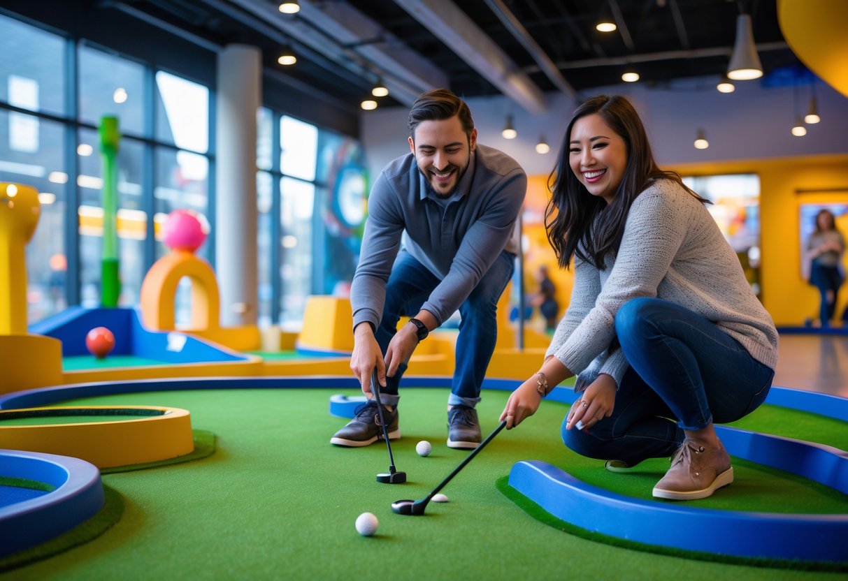 A couple playing mini-golf together inside a museum with colorful obstacles and exhibits around them.