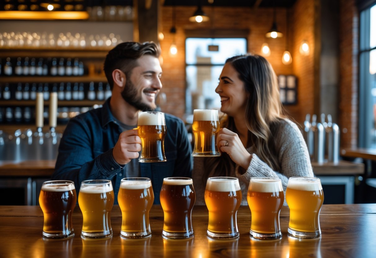 A young couple enjoying craft beers together at a wooden bar inside a cozy brewery.