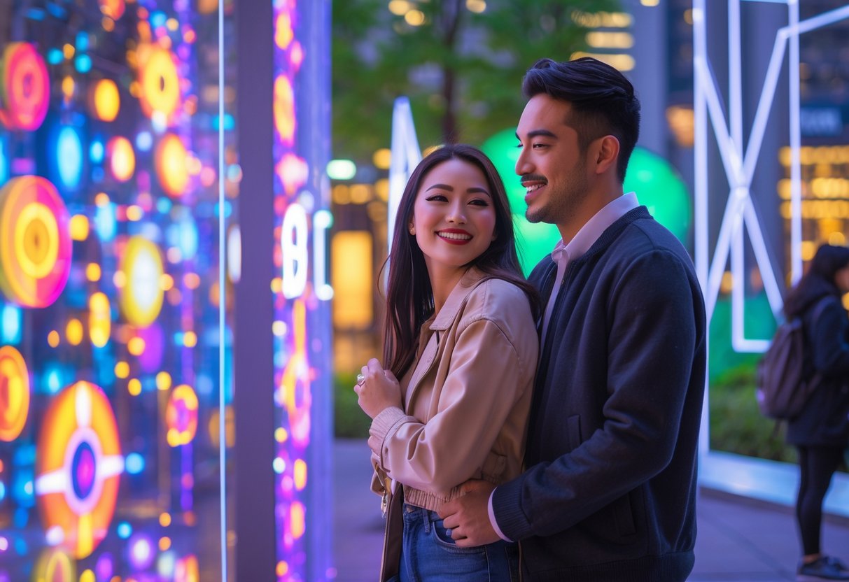 A young couple enjoying colorful digital art installations near Columbus Circle in New York City.