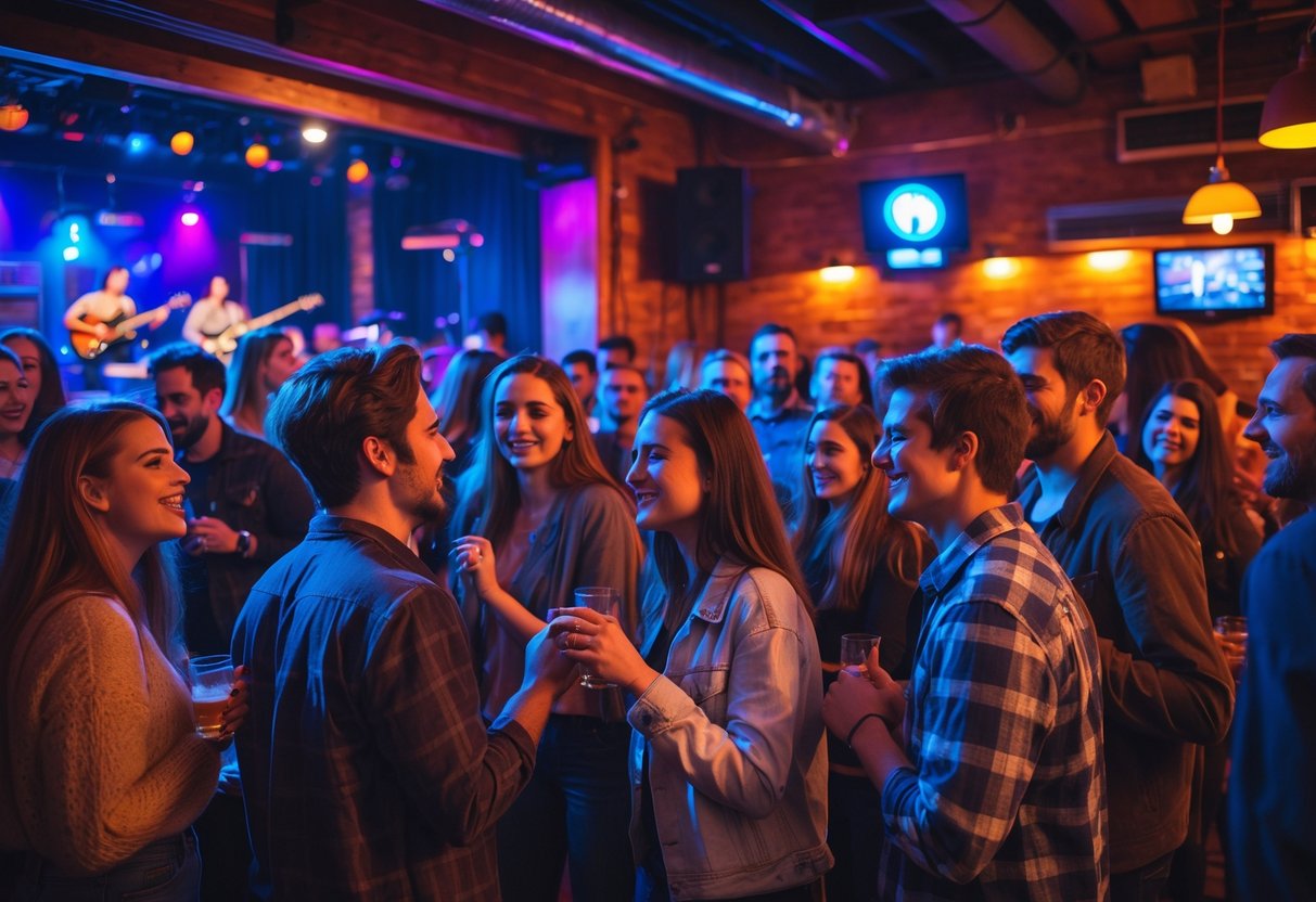 Couples and friends enjoying live music at a lively indoor venue with a band performing on stage.