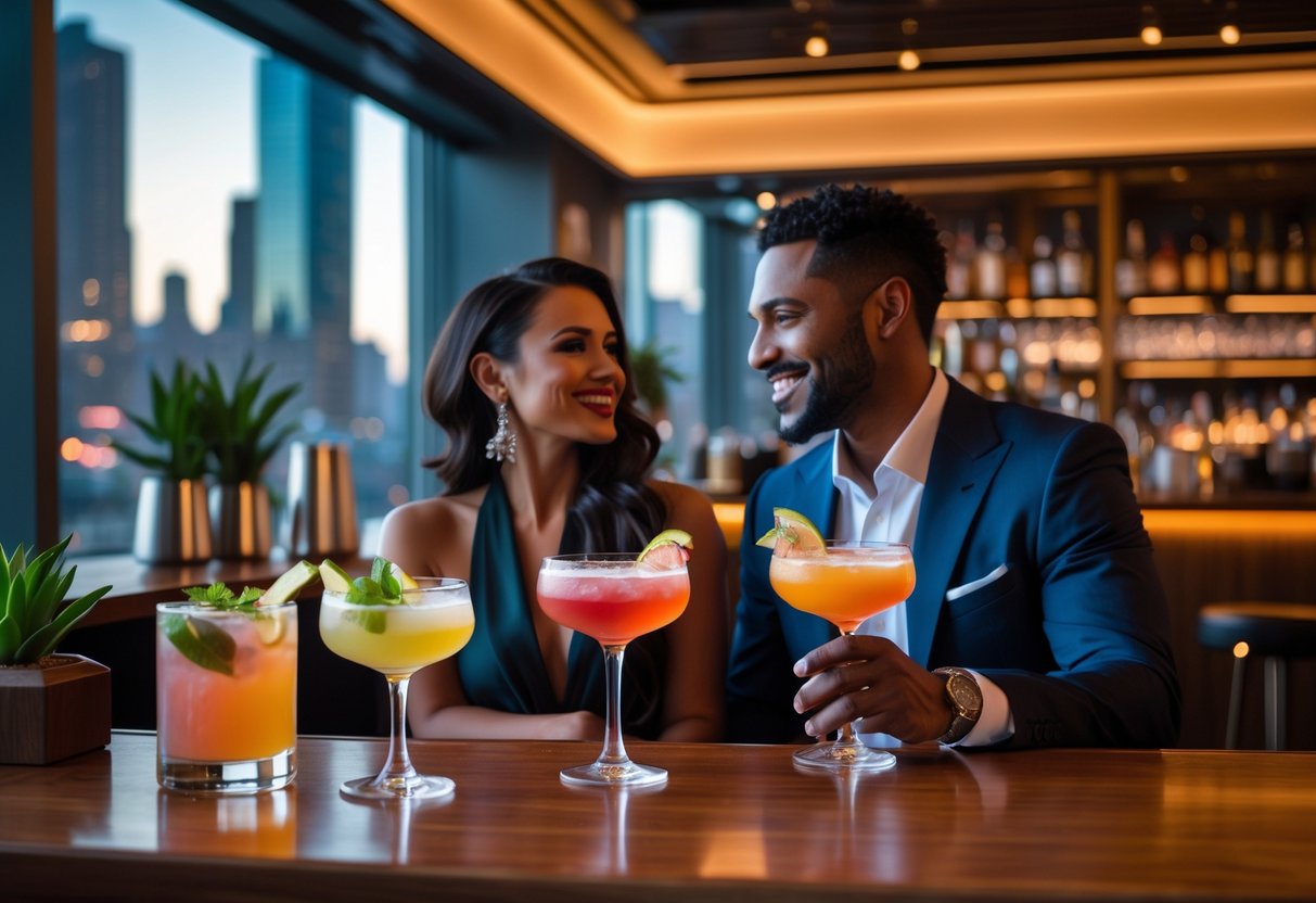 A couple enjoying craft cocktails together at an upscale bar near Columbus Circle in Midtown Manhattan.