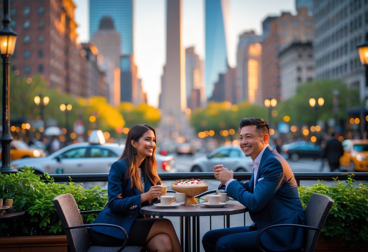 A couple sitting at an outdoor café near Columbus Circle in New York City, enjoying coffee with the city and monument visible behind them.