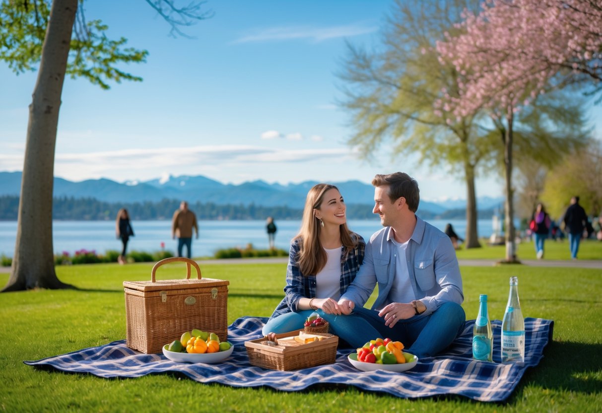 A couple having a picnic on a grassy area near the water with mountains in the background.