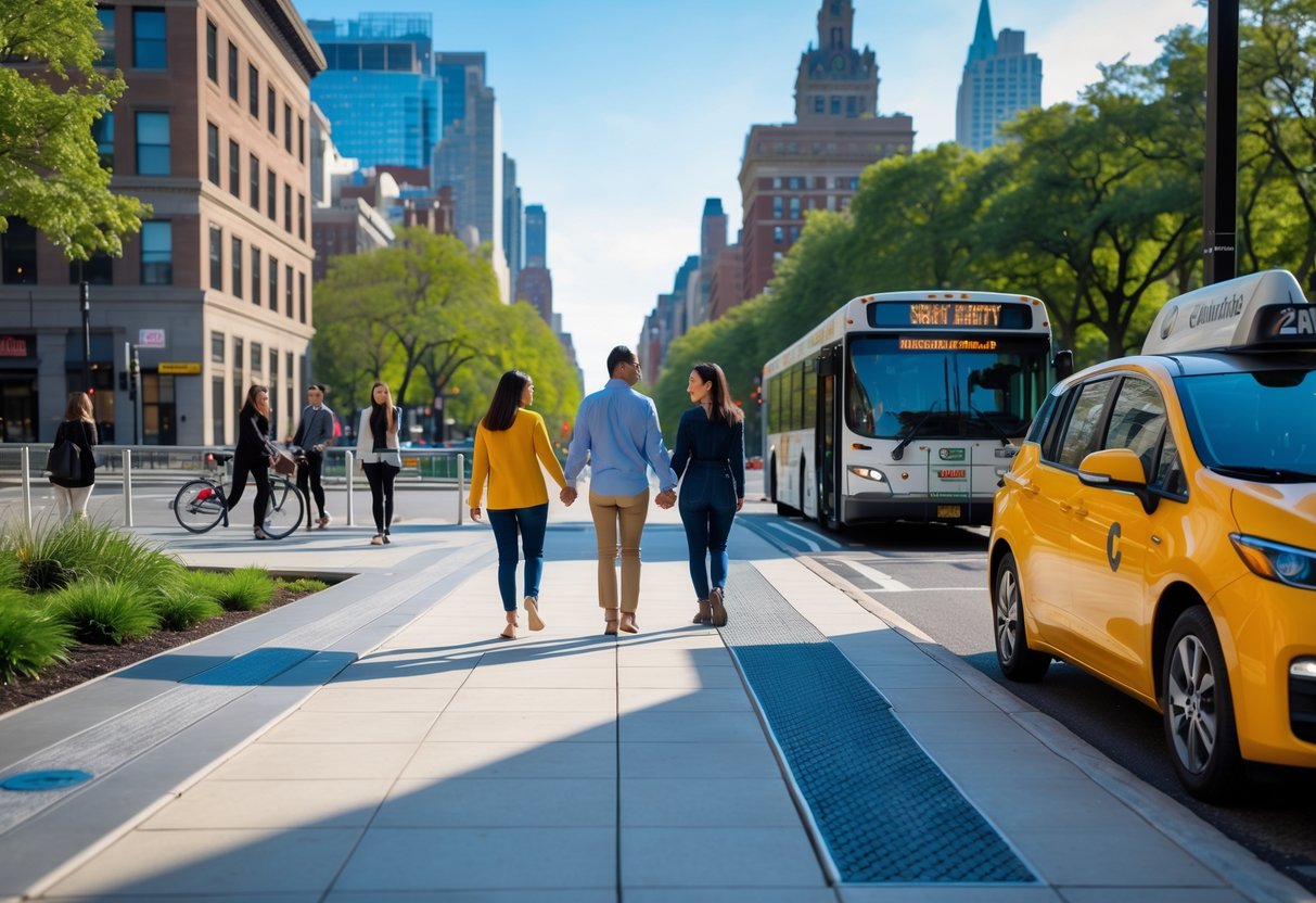 A couple walking hand-in-hand near Columbus Circle with accessible sidewalks, a taxi, scooter, and a bus in the background surrounded by city buildings and trees.